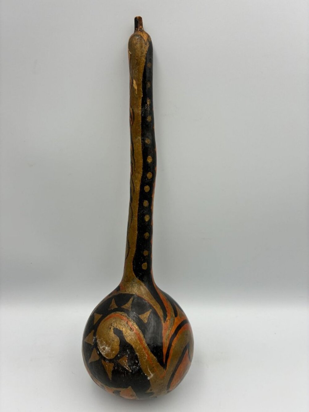 Hand-Painted Decorative Gourd Unique Tribal-Inspired Artwork Black/Orange/Gold